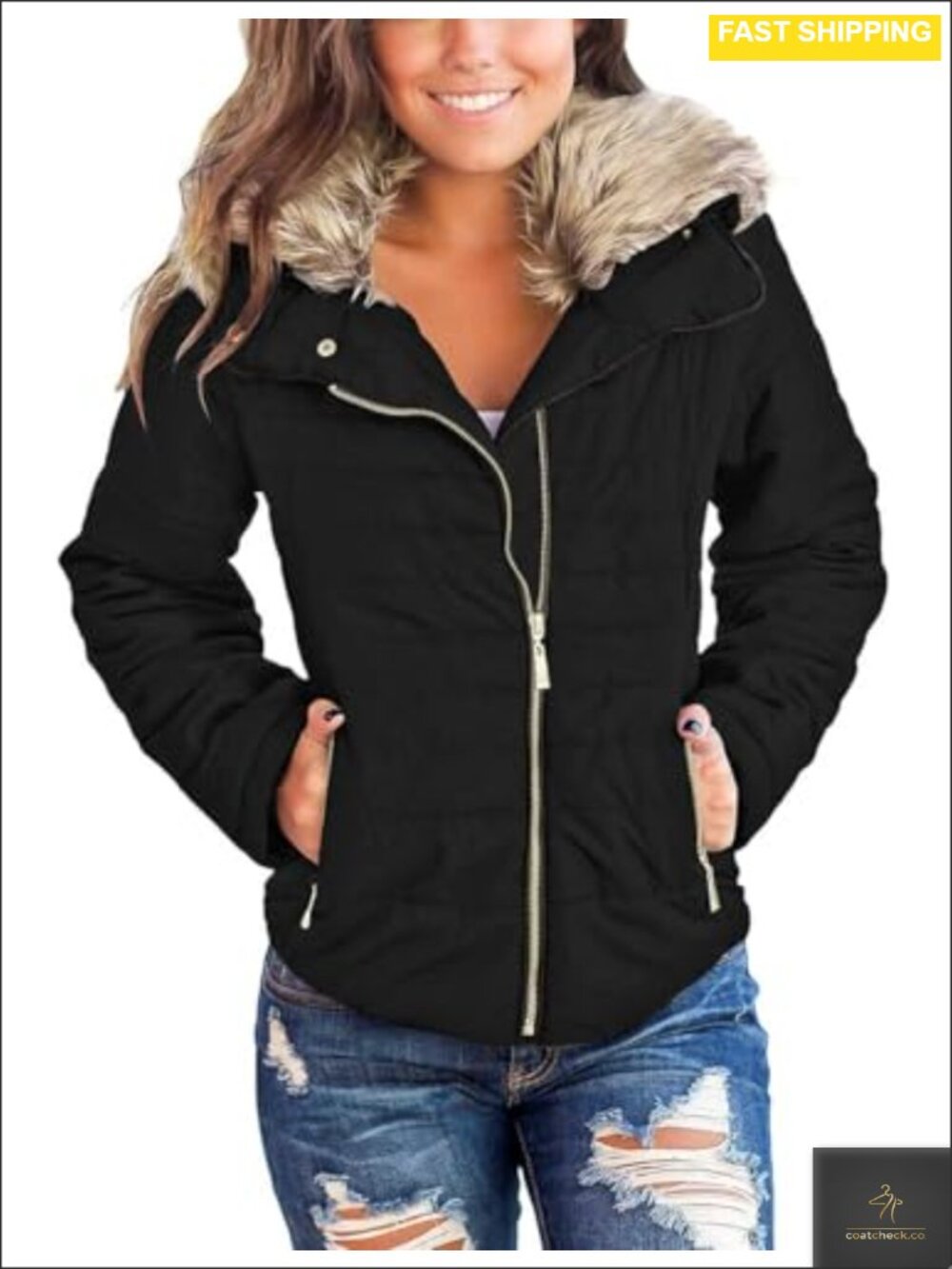 Faux Fur Lapel Quilted Parka Puffer Coat Zip Pockets Size XL